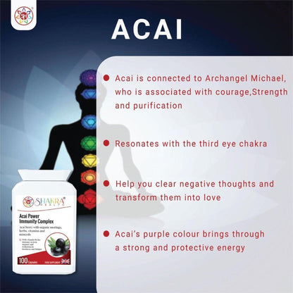 Acai Power Immunity Complex supplement bottle next to a chakra silhouette graphic on a light background.