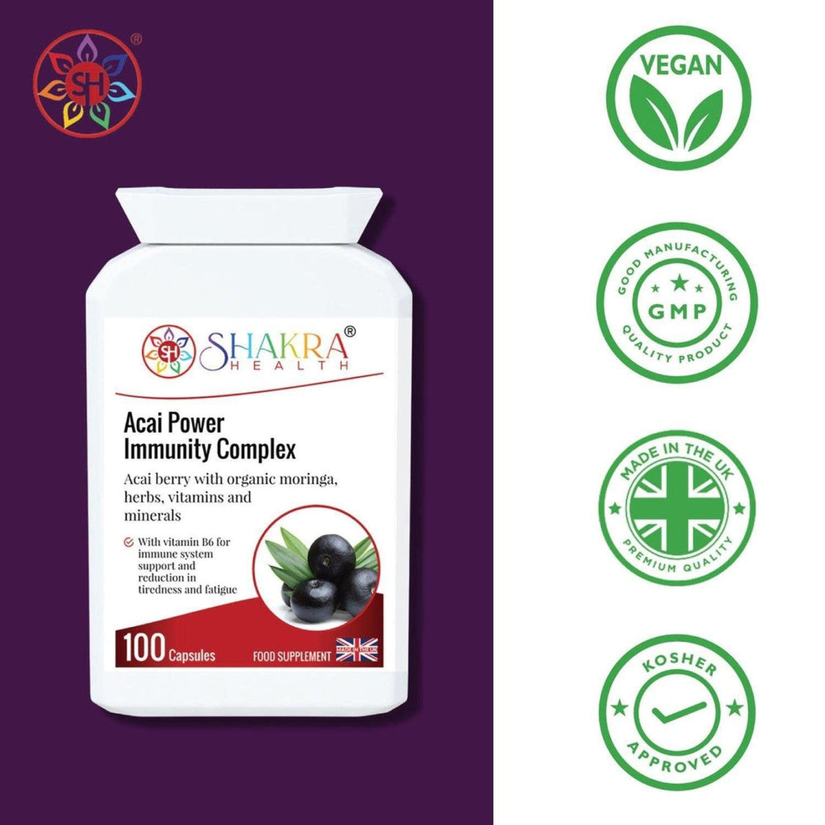 White bottle of Acai Power Immunity Complex capsules with vegan, GMP, and UK-made certification icons on a purple background.