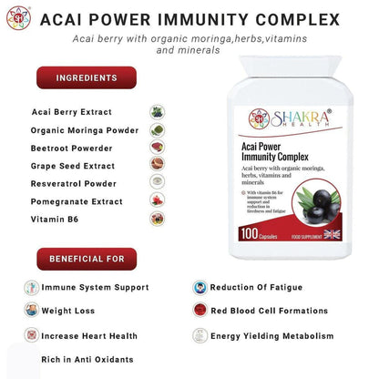 White bottle of Acai Power Immunity Complex capsules with a list of ingredients and health benefits on a white background.