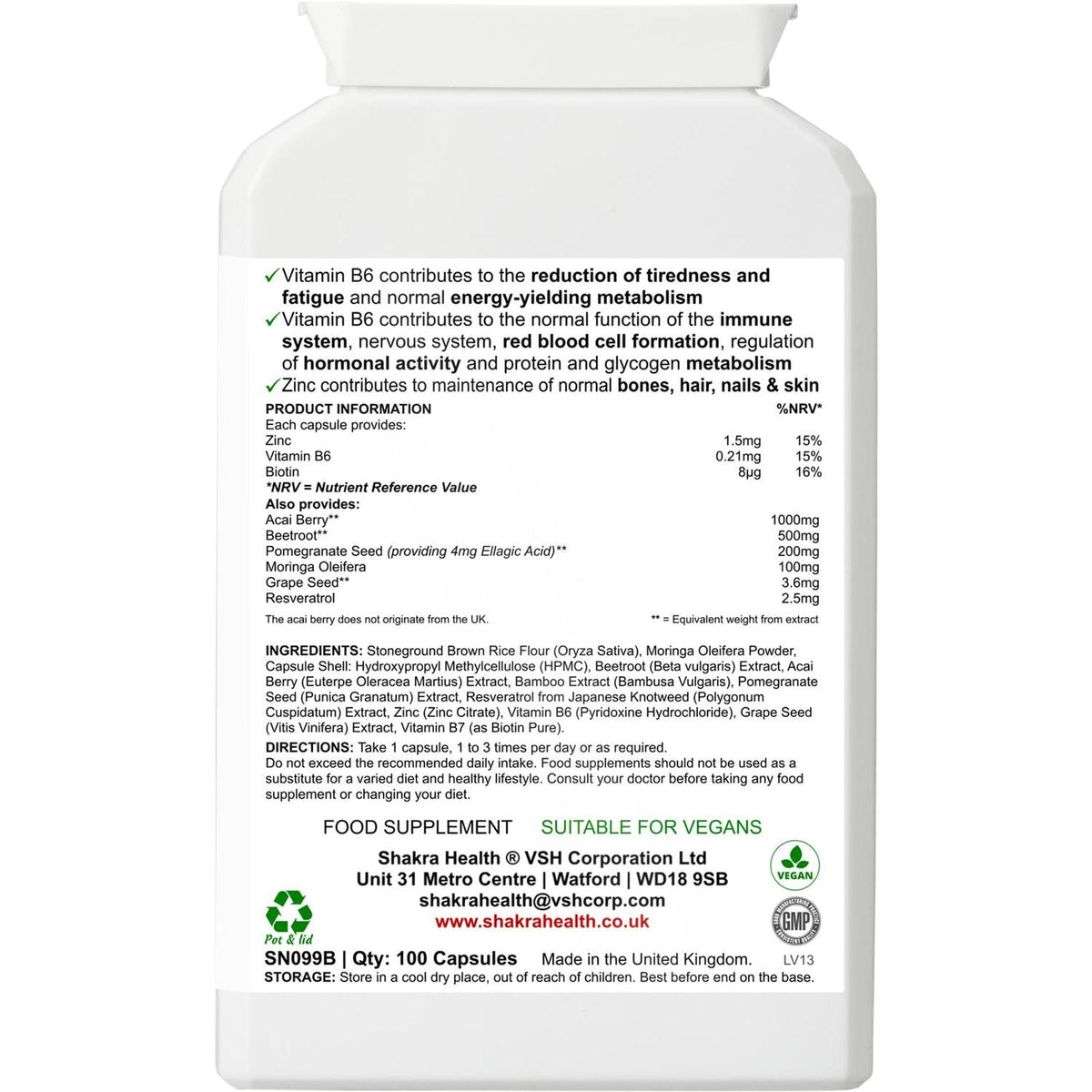 White plastic supplement bottle label featuring a detailed ingredient list, nutritional facts, and vegan logo.