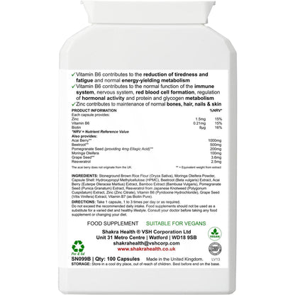 White plastic supplement bottle label featuring a detailed ingredient list, nutritional facts, and vegan logo.
