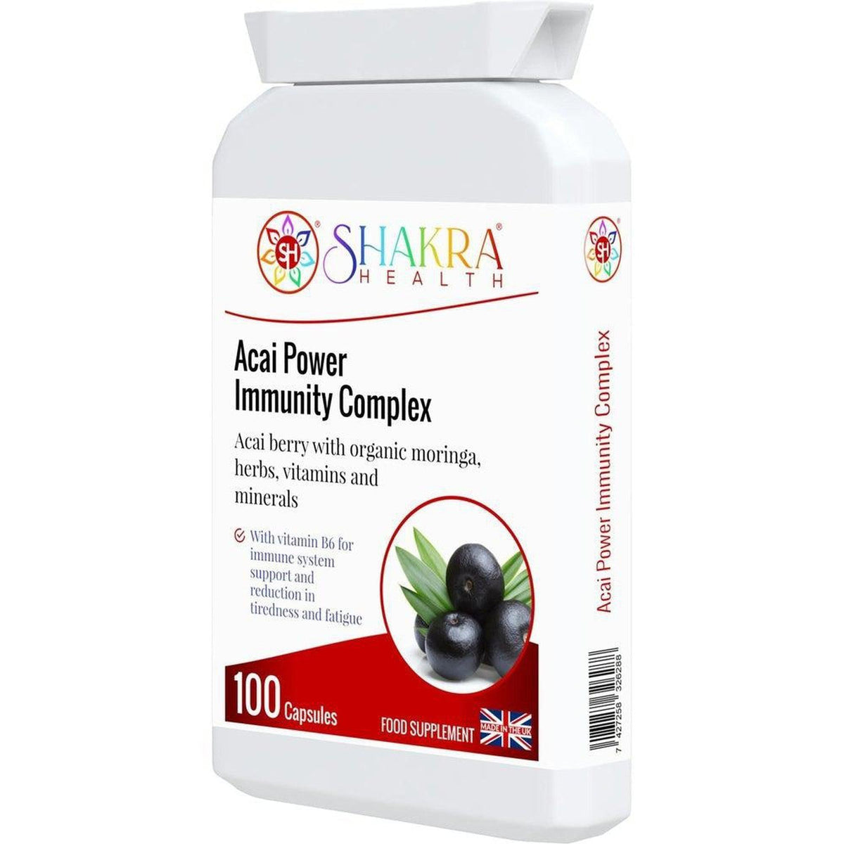 White bottle of Shakra Health Acai Power Immunity Complex capsules with a label featuring acai berries and text.