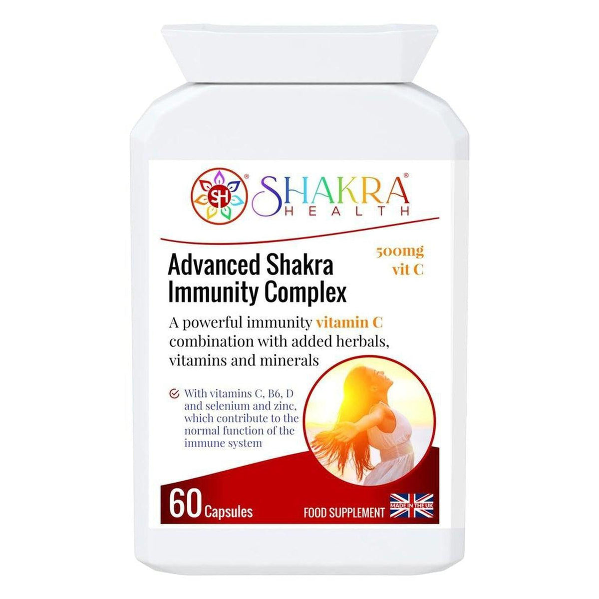 White bottle of Advanced Shakra Immunity Complex capsules with a colorful logo and a woman reaching toward the sun.