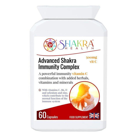 White bottle of Advanced Shakra Immunity Complex capsules with a colorful logo and a woman reaching toward the sun.