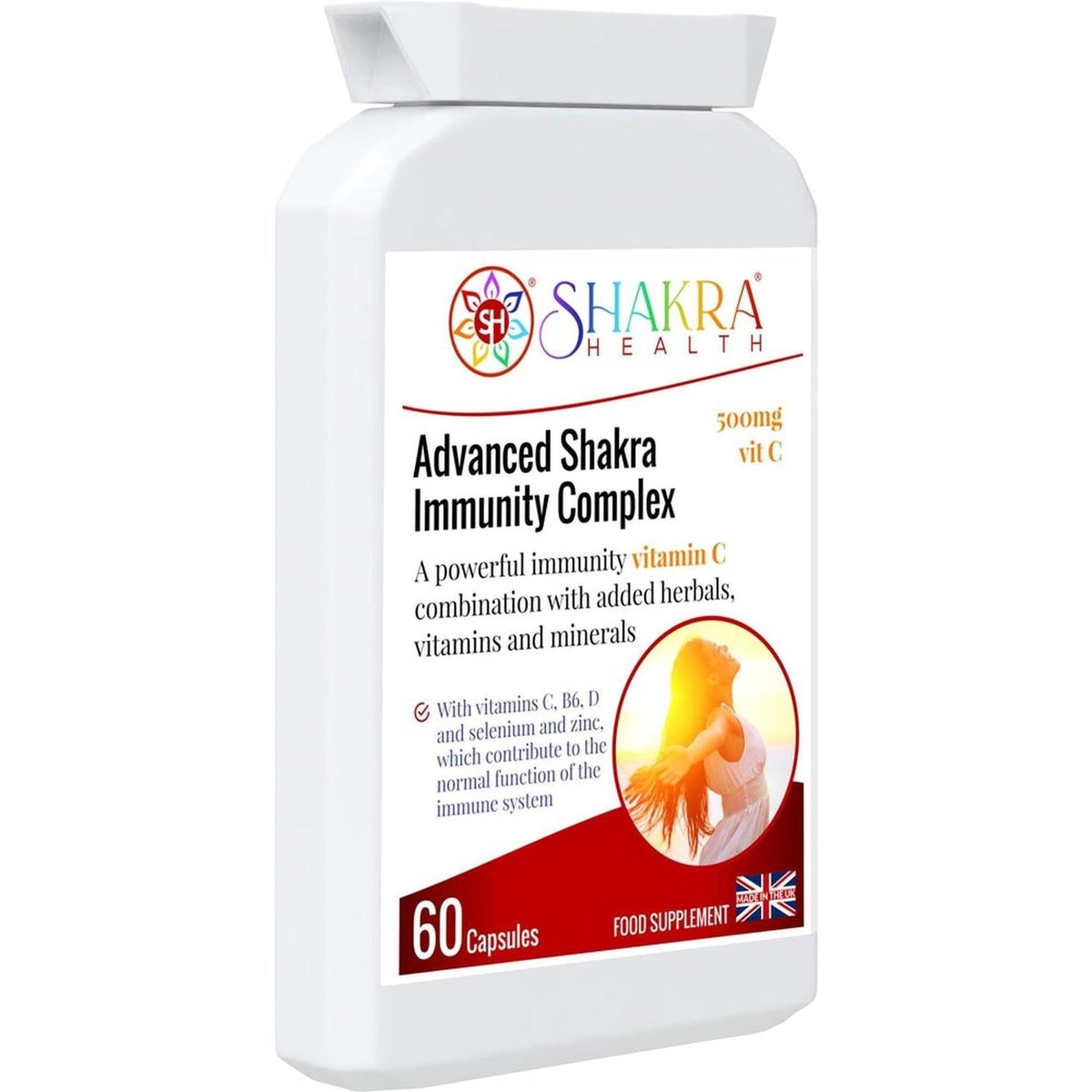 White bottle of Advanced Shakra Immunity Complex capsules with a colorful chakra logo and a woman silhouette graphic.