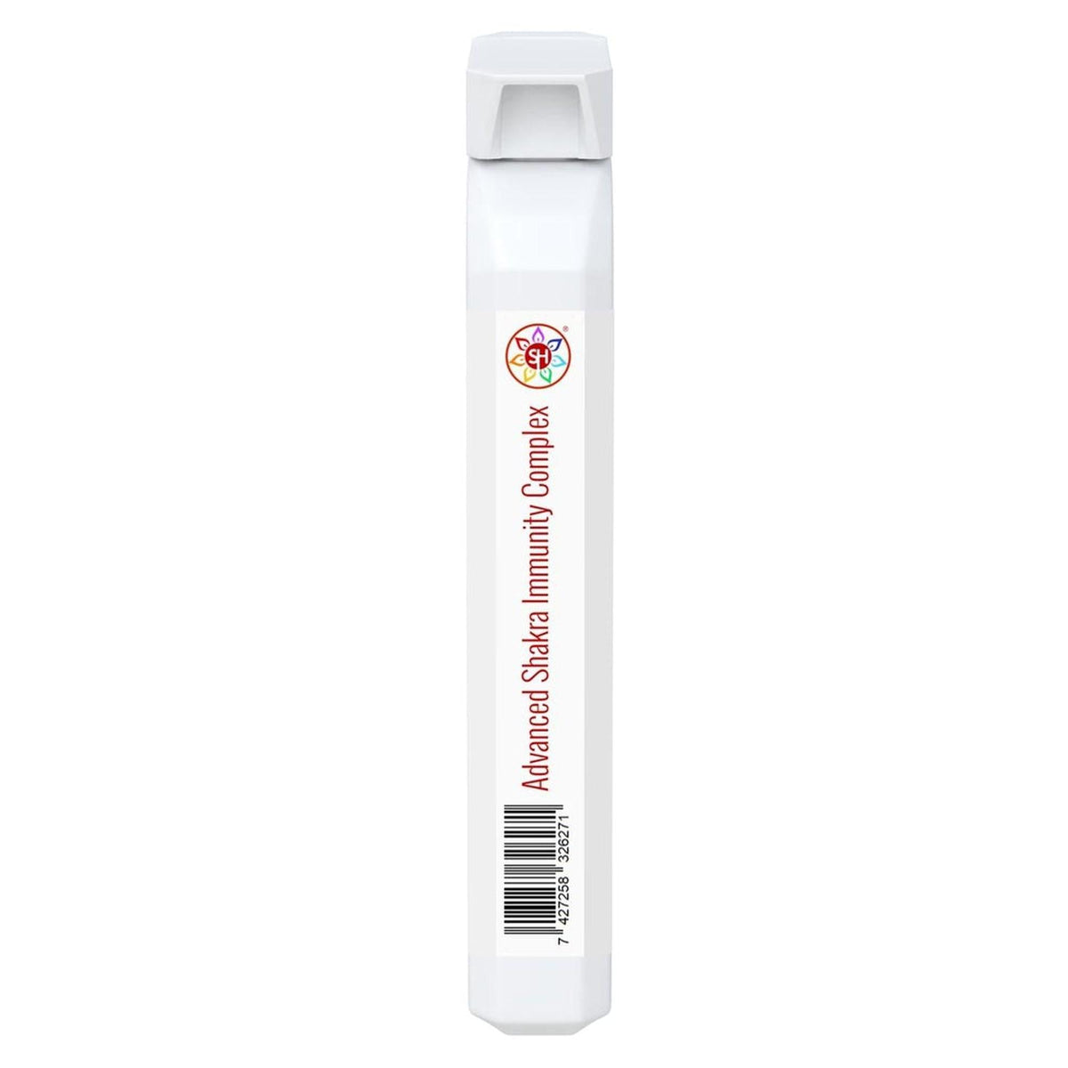 White rectangular supplement stick with a colorful chakra logo, red text, and a barcode on a clean white background.