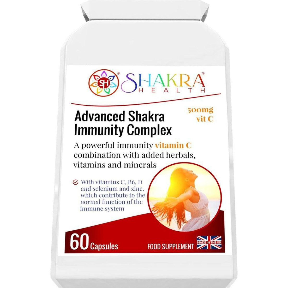 White bottle of Advanced Shakra Immunity Complex capsules with a label featuring a woman in the sun and 500mg Vitamin C.