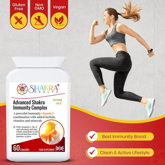 White bottle of Advanced Shakra Immunity Complex capsules next to a woman jumping in activewear against a grey background.