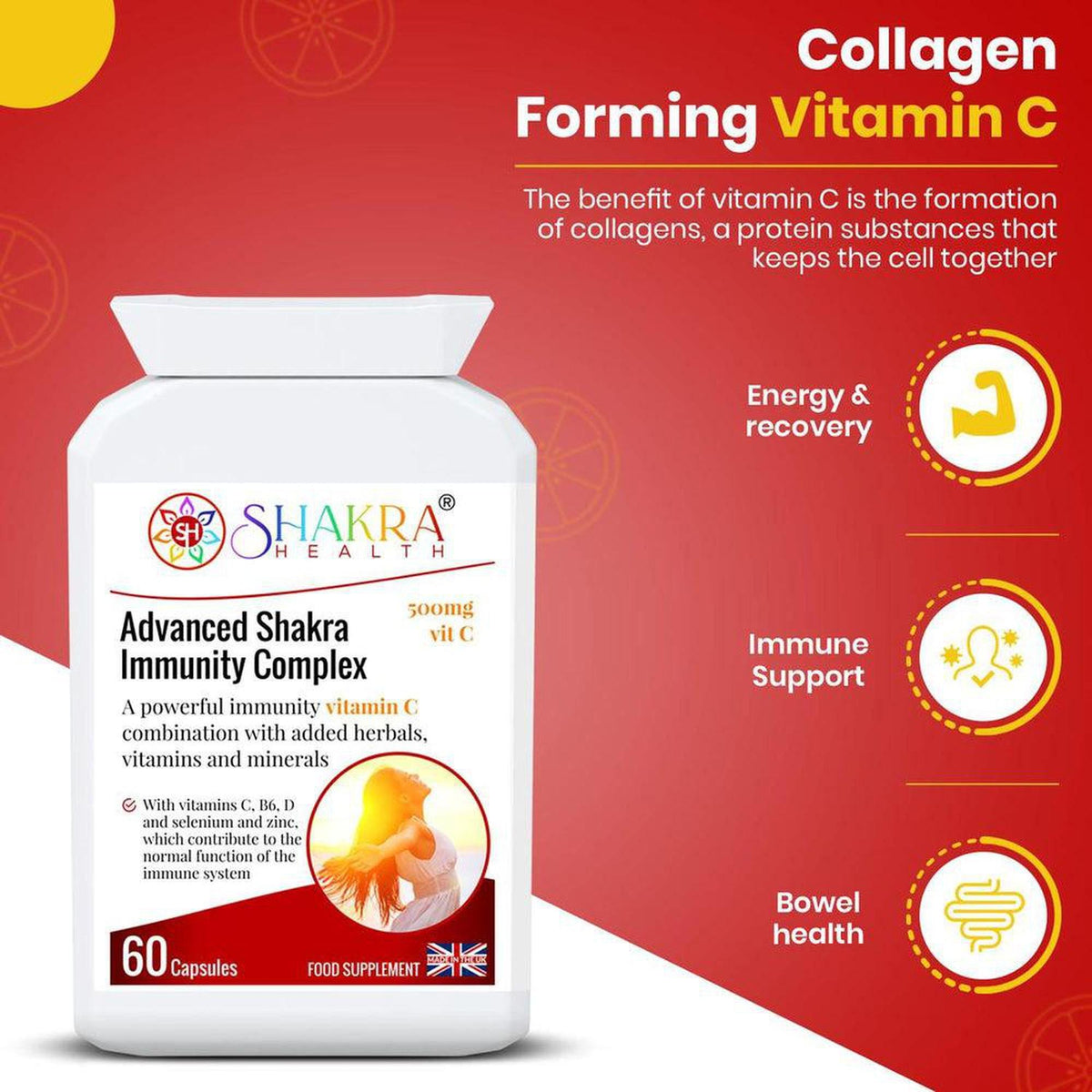 White bottle of Advanced Shakra Immunity Complex capsules on a red background with health benefit icons and text.