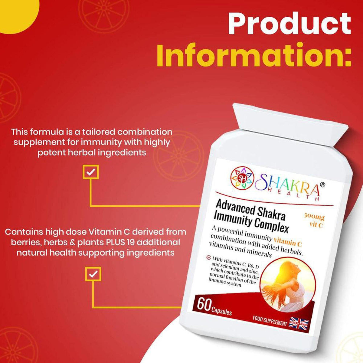 White bottle of Advanced Shakra Immunity Complex capsules with orange text and a stylized sun graphic on a red background.