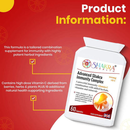 White bottle of Advanced Shakra Immunity Complex capsules with orange text and a stylized sun graphic on a red background.