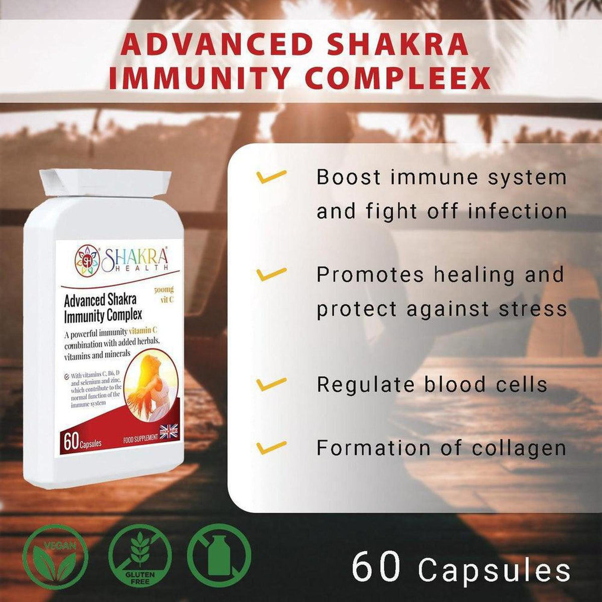 White bottle of Advanced Shakra Immunity Complex with a list of health benefits and icons for vegan and gluten-free status.