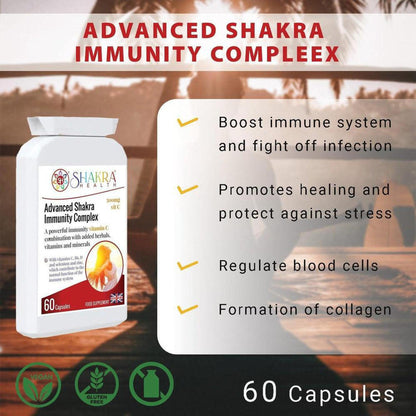 White bottle of Advanced Shakra Immunity Complex with a list of health benefits and icons for vegan and gluten-free status.