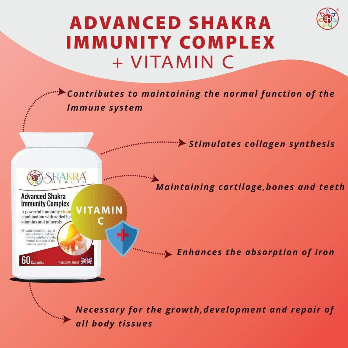 White bottle of Advanced Shakra Immunity Complex with Vitamin C benefits highlighted on a peach background.