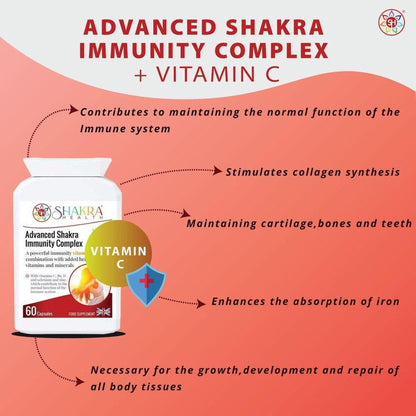 White bottle of Advanced Shakra Immunity Complex with Vitamin C benefits highlighted on a peach background.
