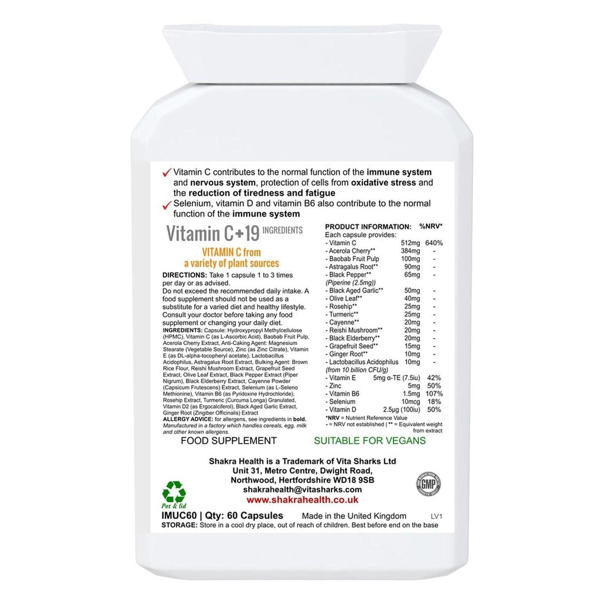 White plastic supplement bottle label with black text detailing Vitamin C+19 ingredients, directions, and nutritional facts.