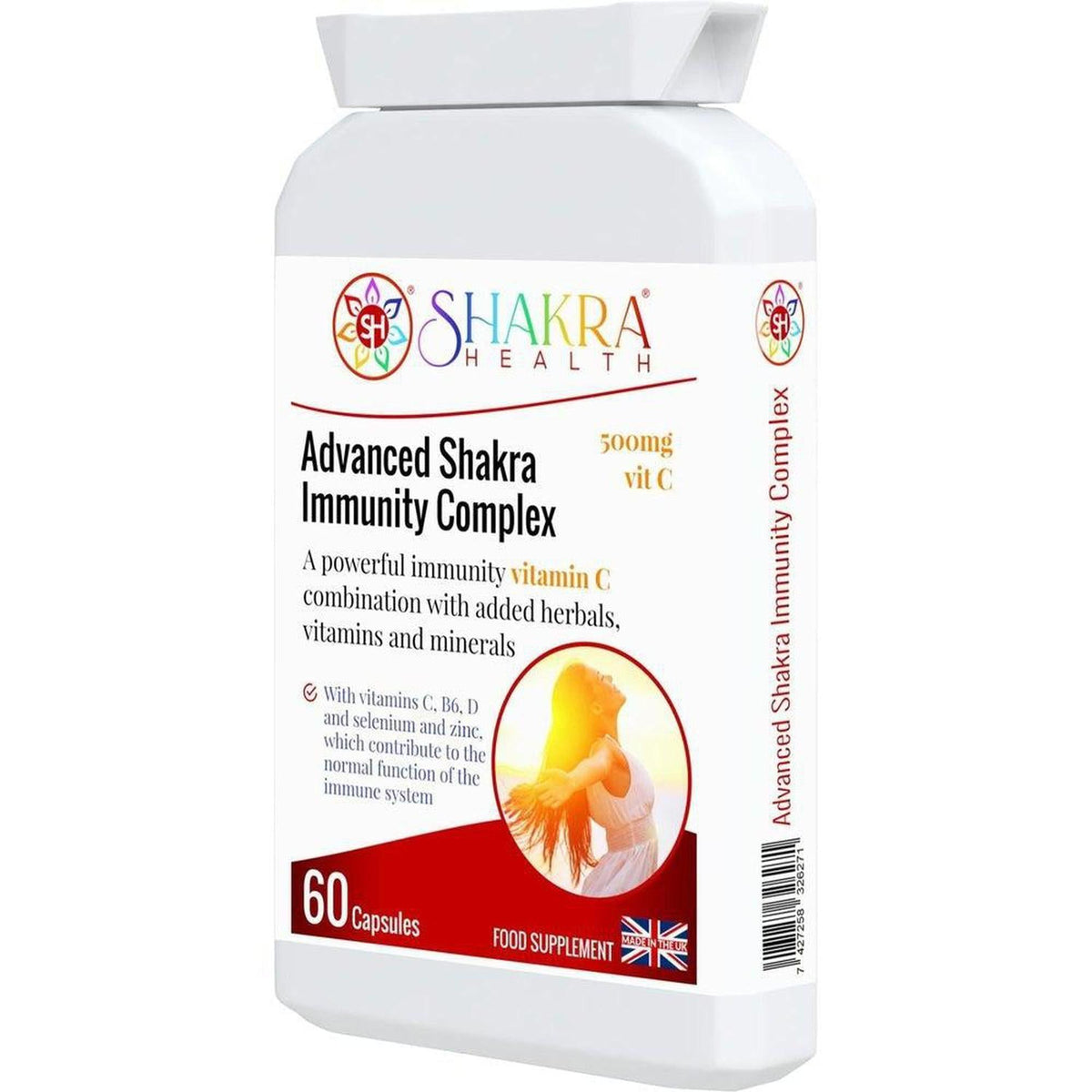 White bottle of Advanced Shakra Immunity Complex capsules with a vibrant orange graphic and clear black text on the label.