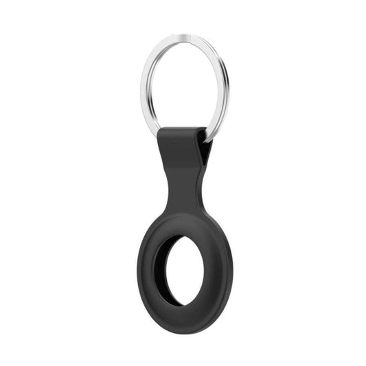 Black silicone AirTag protective case with a silver metal keyring loop for secure attachment.