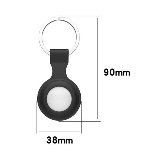 Black silicone AirTag protective case with a metal keyring, measuring 38mm wide and 90mm tall.