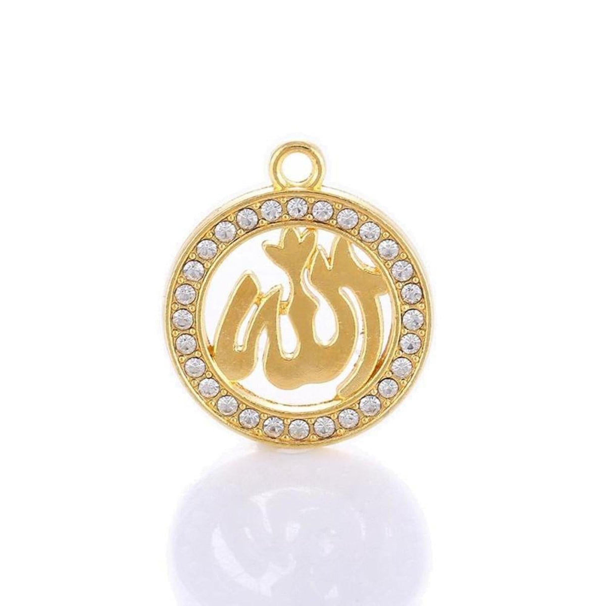 Gold-tone circular Allah pendant featuring Arabic calligraphy framed by a border of sparkling clear crystals.