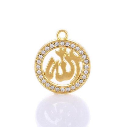 Gold-tone circular Allah pendant featuring Arabic calligraphy framed by a border of sparkling clear crystals.