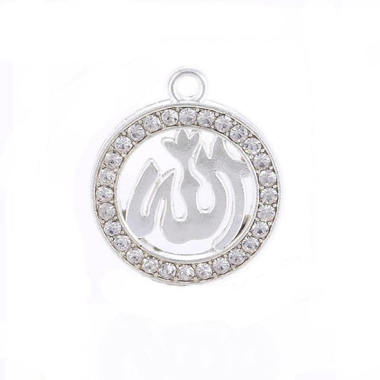 Silver circular pendant featuring Arabic Allah calligraphy surrounded by a sparkling crystal-encrusted border.