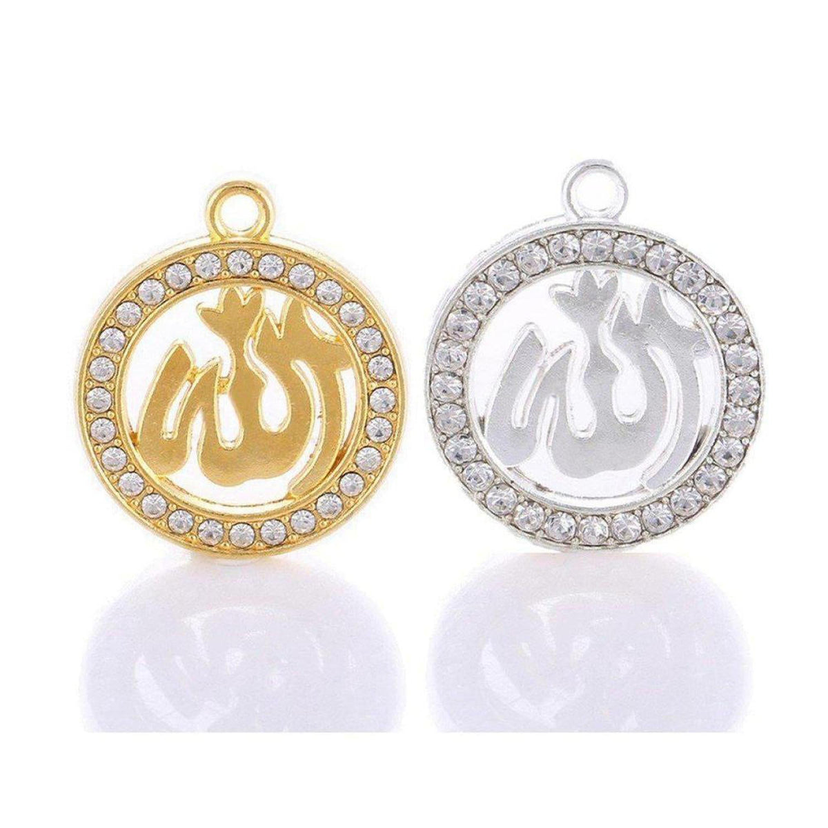 Gold and silver circular Allah pendants featuring Arabic calligraphy framed by sparkling crystal rhinestones.