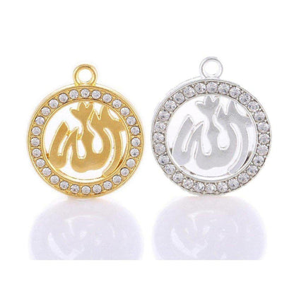 Gold and silver circular Allah pendants featuring Arabic calligraphy framed by sparkling crystal rhinestones.