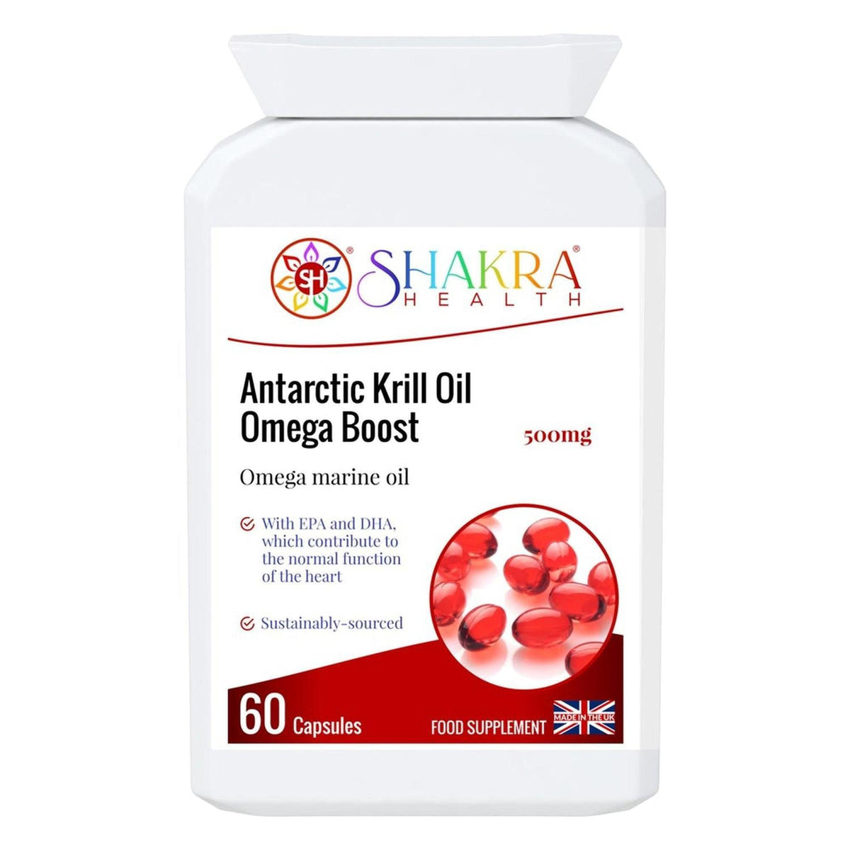 White bottle of Shakra Health Antarctic Krill Oil Omega Boost with red capsules and 60 capsule count label.