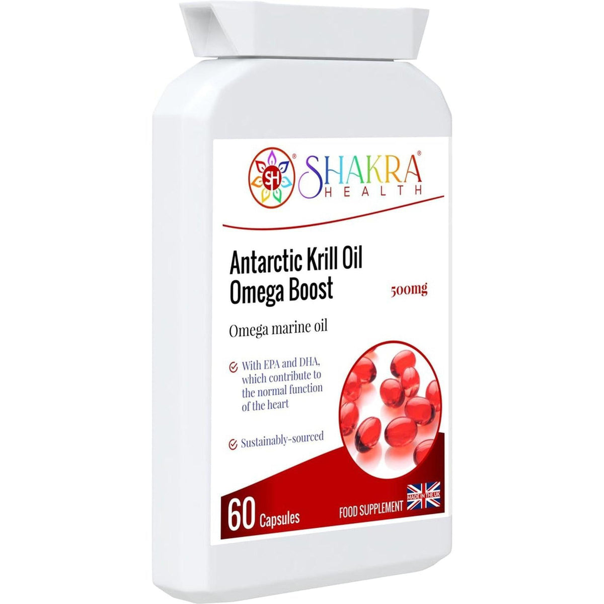 White bottle of Shakra Health Antarctic Krill Oil Omega Boost capsules with a red label and red supplement pills.