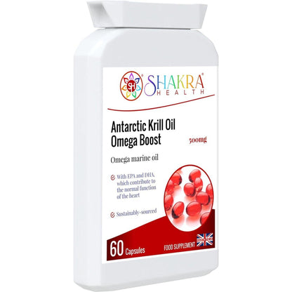White bottle of Shakra Health Antarctic Krill Oil Omega Boost capsules with a red label and red supplement pills.