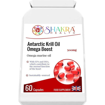 White bottle of Shakra Health Antarctic Krill Oil Omega Boost with 60 red capsules and a red graphic accent.