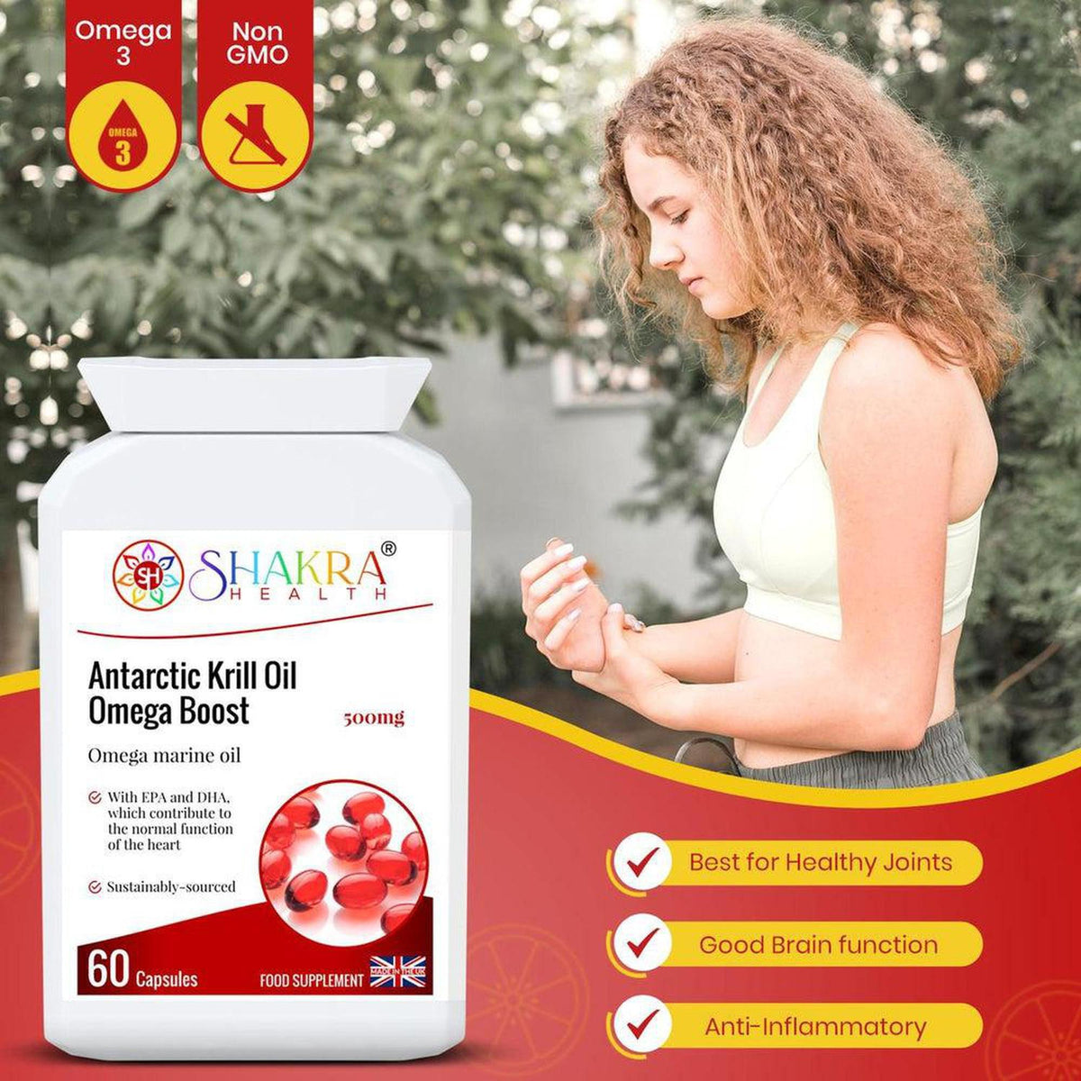 White bottle of Shakra Antarctic Krill Oil 500mg capsules with red softgels, displayed next to a woman exercising outdoors.