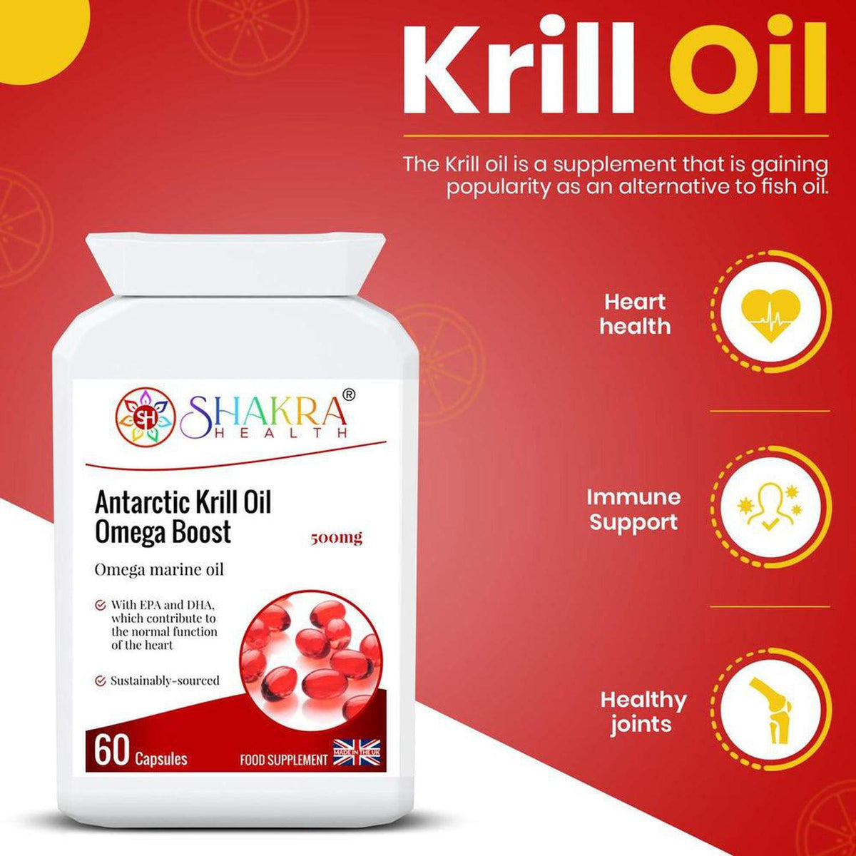 White bottle of Shakra Health Antarctic Krill Oil 500mg capsules on a red background with health benefit icons.
