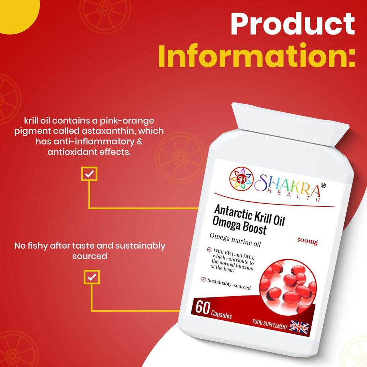 White bottle of Shakra Health Antarctic Krill Oil capsules with red label details on a vibrant orange background.