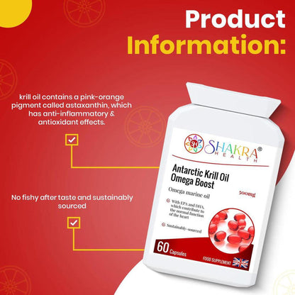 White bottle of Shakra Health Antarctic Krill Oil capsules with red label details on a vibrant orange background.