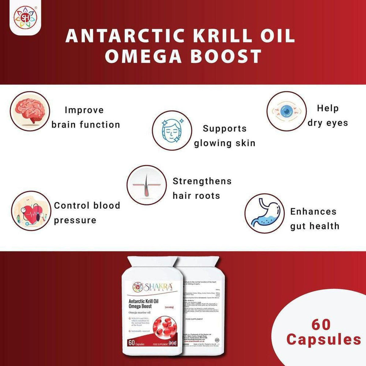 Antarctic Krill Oil Omega Boost supplement bottle with 60 capsules and icons illustrating health benefits on red background.