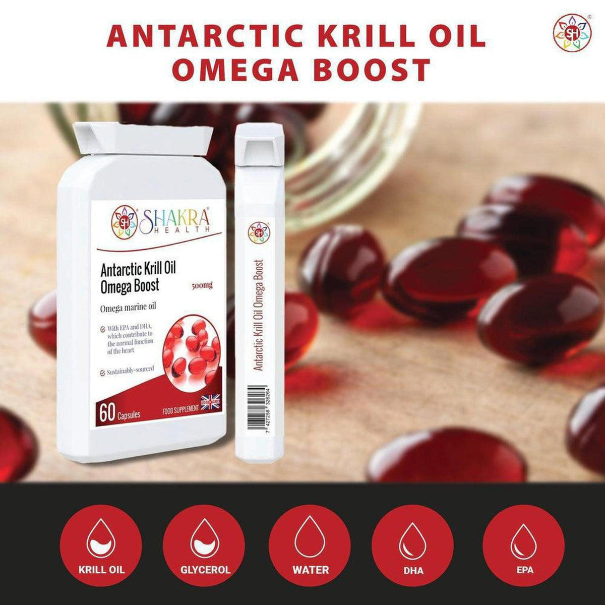 White bottle and tube of Shakra Health Antarctic Krill Oil Omega Boost with red capsules and ingredient icons.