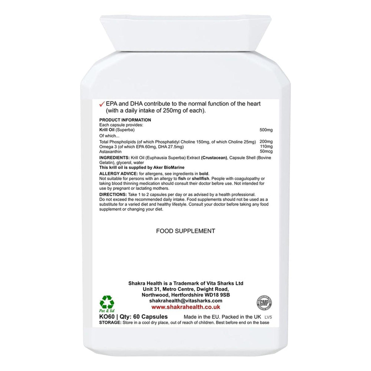 White plastic supplement bottle with a detailed label listing Antarctic Krill Oil ingredients and dosage info.