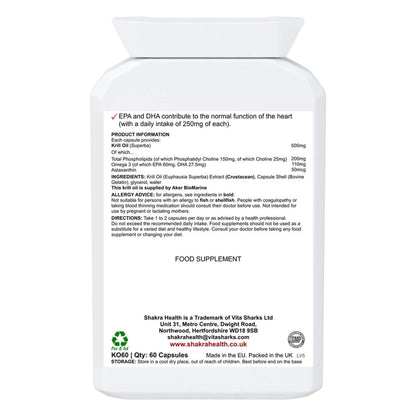 White plastic supplement bottle with a detailed label listing Antarctic Krill Oil ingredients and dosage info.