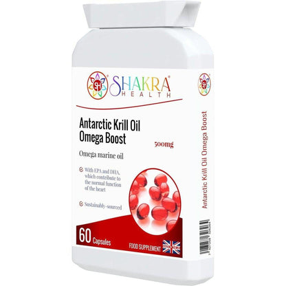White bottle of Shakra Health Antarctic Krill Oil 500mg capsules with red pill graphic and UK flag icon.