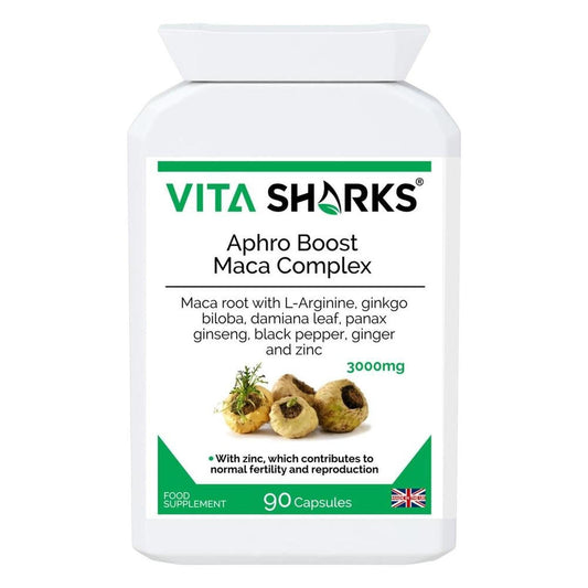 White bottle of Vita Sharks Aphro Boost Maca Complex 3000mg capsules with a label featuring maca roots and green accents.