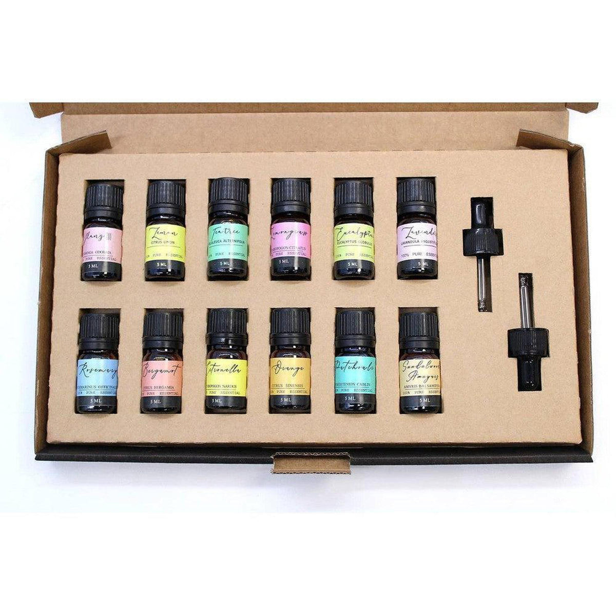 Set of 12 essential oil bottles with colorful labels and two glass droppers in a brown cardboard display box.