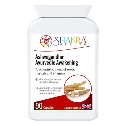 White bottle of Shakra Health Ashwagandha Ayurvedic Awakening capsules with a label featuring herbal root imagery.