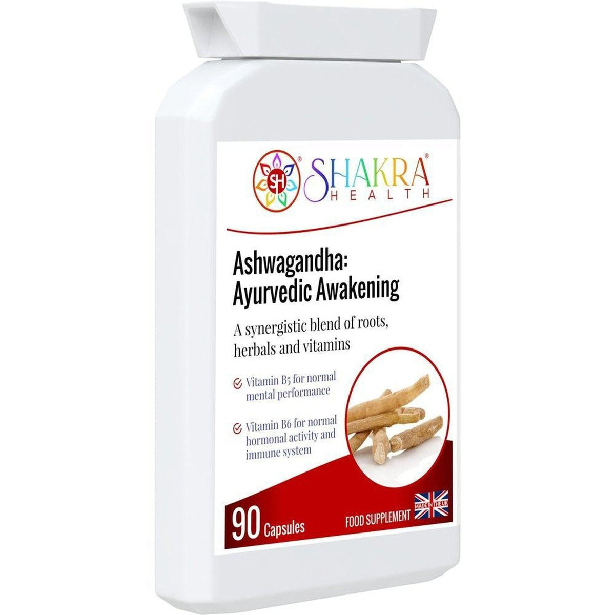 White bottle of Shakra Health Ashwagandha capsules with a label featuring herbal roots and a UK flag icon.