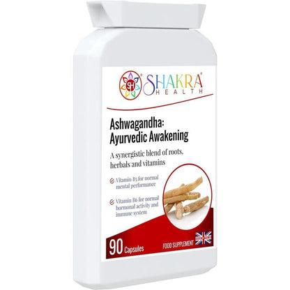 White bottle of Shakra Health Ashwagandha capsules with a label featuring herbal roots and a UK flag icon.