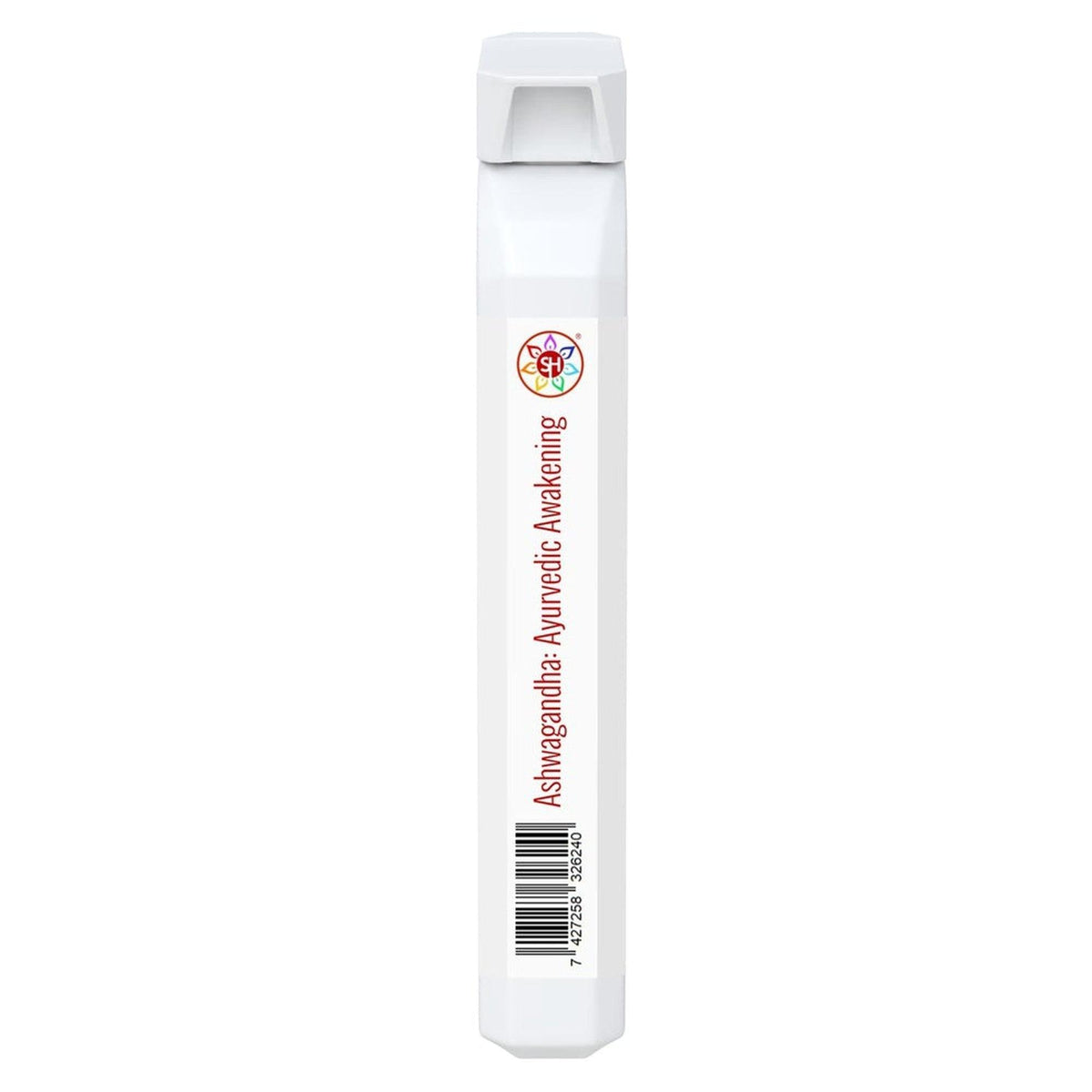 Slim white rectangular Ashwagandha Ayurvedic Awakening supplement tube with a colorful logo and barcode on the side.