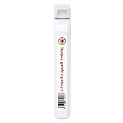 Slim white rectangular Ashwagandha Ayurvedic Awakening supplement tube with a colorful logo and barcode on the side.