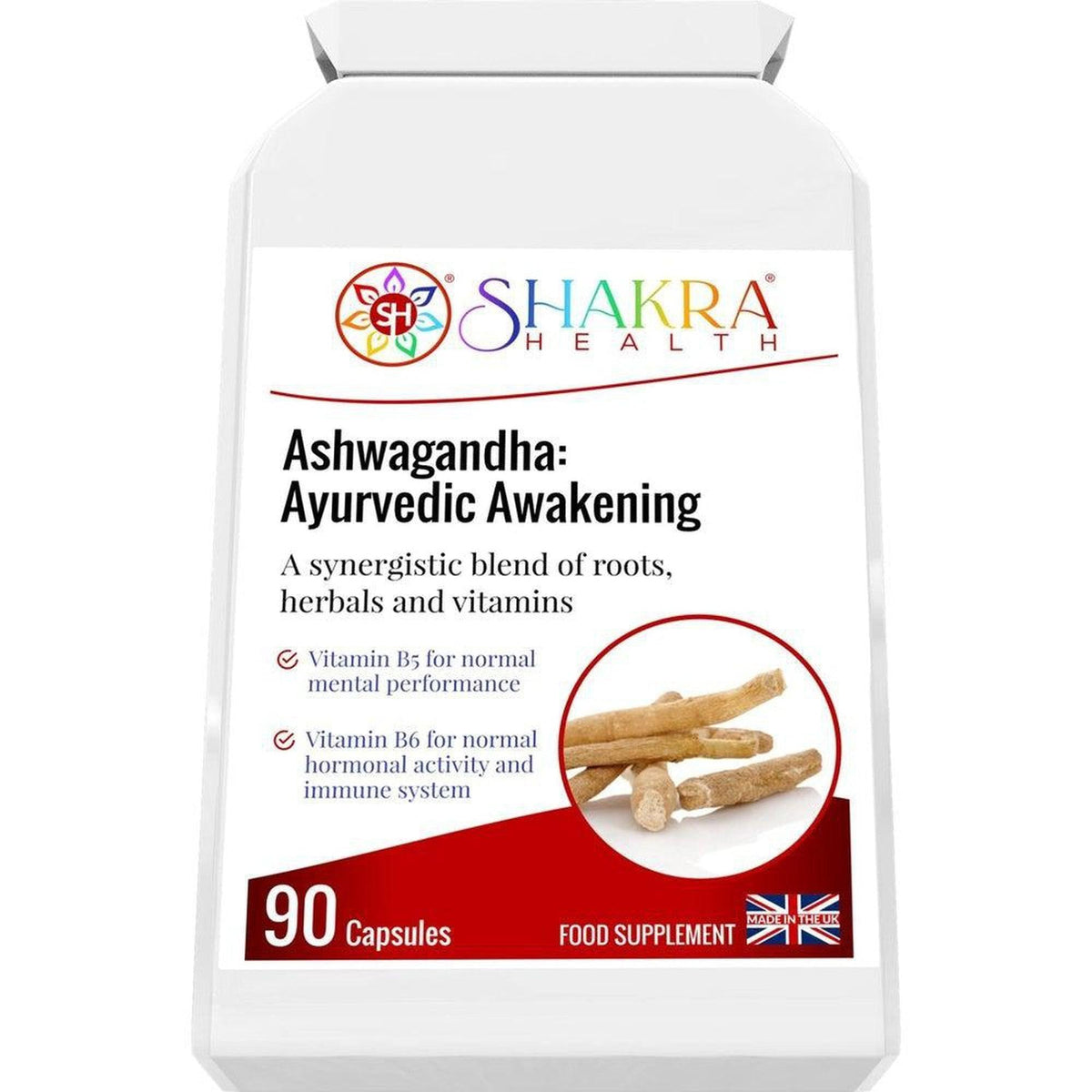 White bottle of Shakra Health Ashwagandha capsules with a red label featuring a circular image of dried herbal roots.