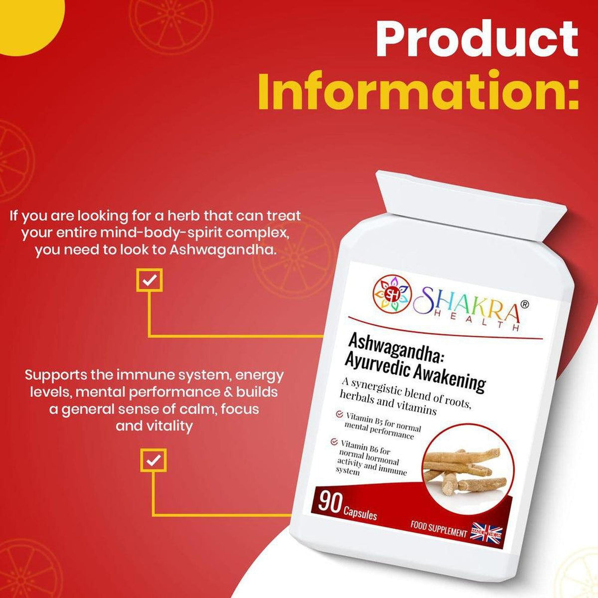 White bottle of Shakra Health Ashwagandha capsules with product information text on a red background.